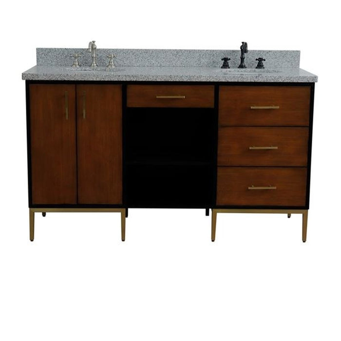 Bellaterra Home Imola 61" Double sink vanity in Walnut and Black finish and Gray granite and oval sink