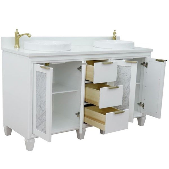 Bellaterra Home Trento 61" Double sink vanity in White finish with White quartz and round sink