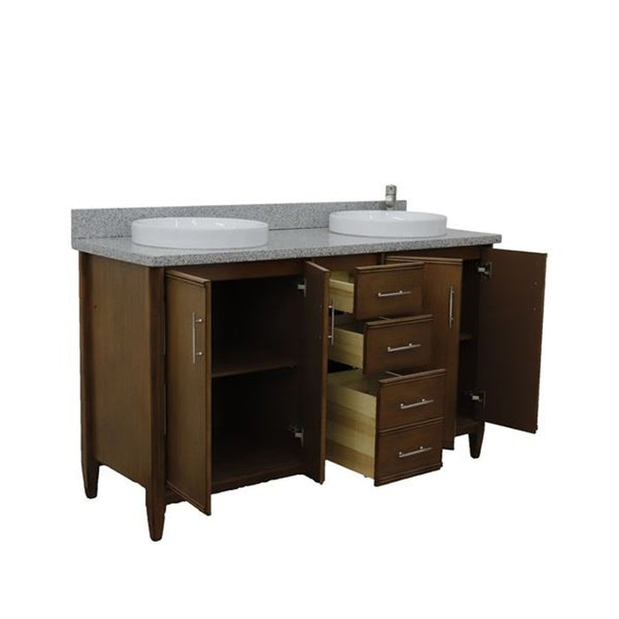 Bellaterra Home MCM 61" Double sink vanity in Walnut finish with Gray granite and round sink