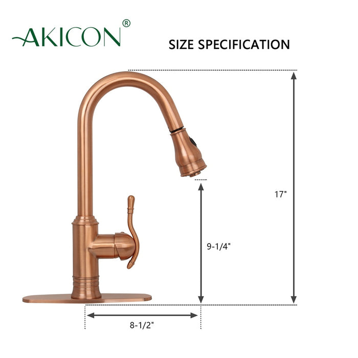 Copper Kitchen Faucet with Soap Dispenser, Single Handle Solid Brass High Arc Pull Down Sprayer Head Kitchen Sink Faucets with Deck Plate
