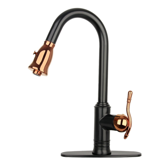 Two-Tone Matte Black & Rose Gold Pull Out Kitchen Faucet with Deck Plate, Single Level Solid Brass Kitchen Sink Faucets with Pull Down Sprayer - AK415BLRG