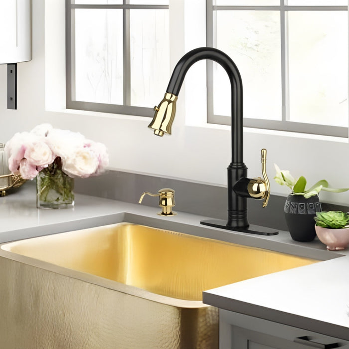 Two-Tone Matte Black & Gold Pull Out Kitchen Faucet with Deck Plate, Single Level Solid Brass Kitchen Sink Faucets with Pull Down Sprayer - AK415BLZG