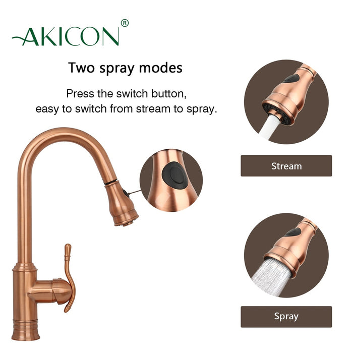 Copper Kitchen Faucet with Soap Dispenser, Single Handle Solid Brass High Arc Pull Down Sprayer Head Kitchen Sink Faucets with Deck Plate