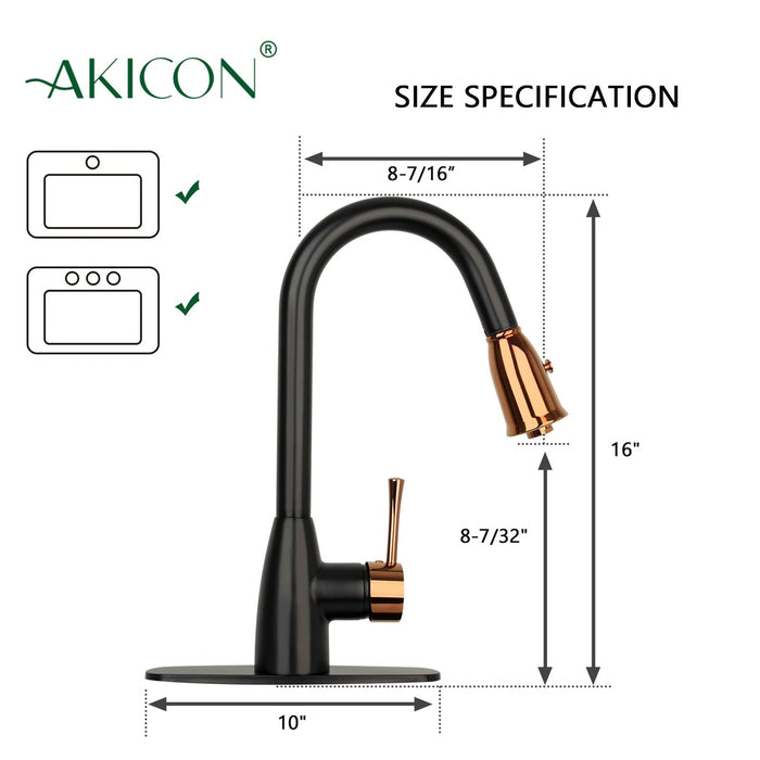 Two-Tone Matte Black & Rose Gold Pull Out Kitchen Faucet with Deck Plate, Single Level Solid Brass Kitchen Sink Faucets with Pull Down Sprayer - AK455BLRG