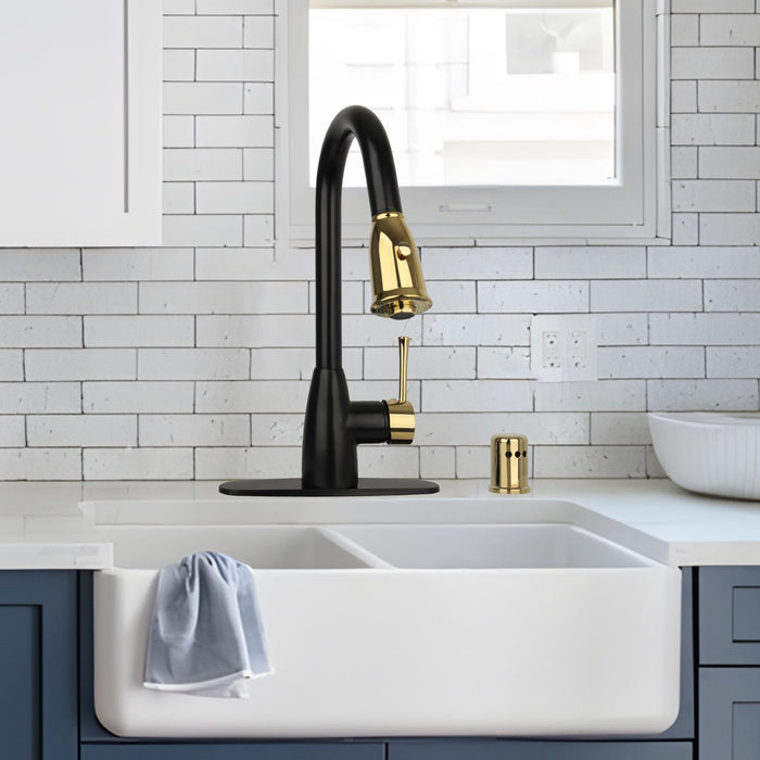 Two-Tone Matte Black & Gold Pull Out Kitchen Faucet with Deck Plate, Single Level Solid Brass Kitchen Sink Faucets with Pull Down Sprayer - AK455BLZG