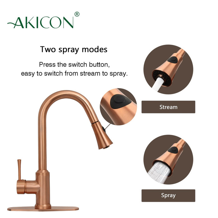 Copper Pull Out Kitchen Faucet with Deck Plate, Single Level Solid Brass Kitchen Sink Faucets with Pull Down Sprayer-AK96466C