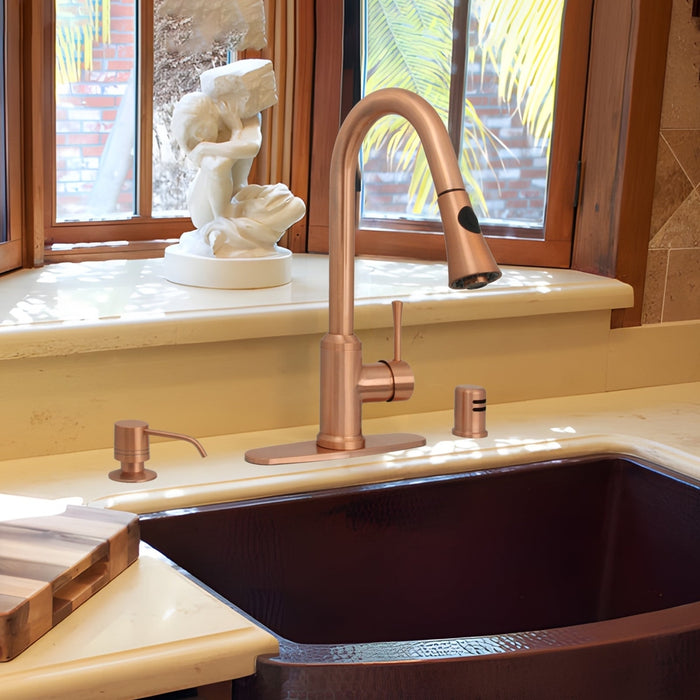 Copper Pull Out Kitchen Faucet with Deck Plate, Single Level Solid Brass Kitchen Sink Faucets with Pull Down Sprayer-AK96466C