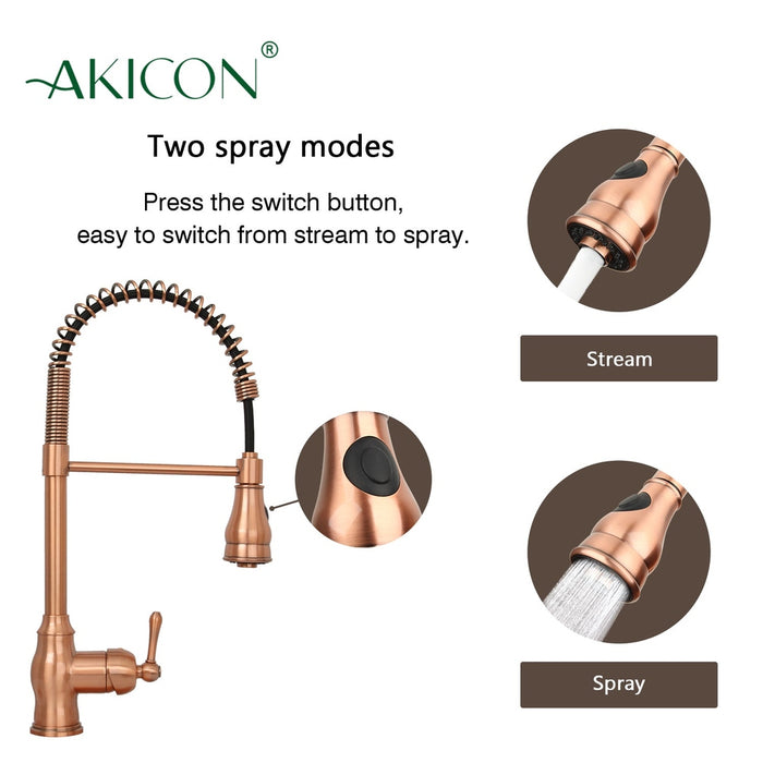 Copper Pre-Rinse Spring Kitchen Faucet, Single Level Solid Brass Kitchen Sink Faucets with Pull Down Sprayer - AK96518C