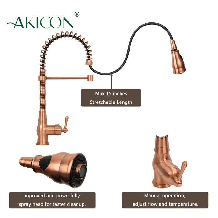 Copper Pre-Rinse Spring Kitchen Faucet, Single Level Solid Brass Kitchen Sink Faucets with Pull Down Sprayer - AK96518A-C