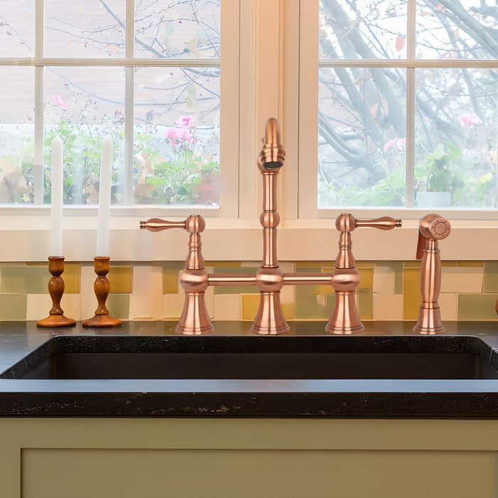 Two-Handles Copper Bridge Kitchen Faucet with Side Sprayer - AK96718C
