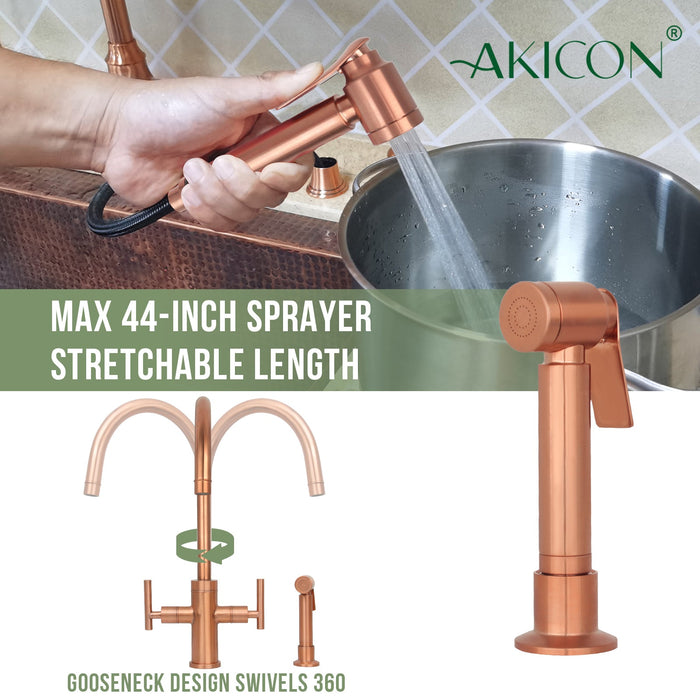 Two-Handle Copper Widespread Kitchen Faucet with Side Sprayer-AK96766C