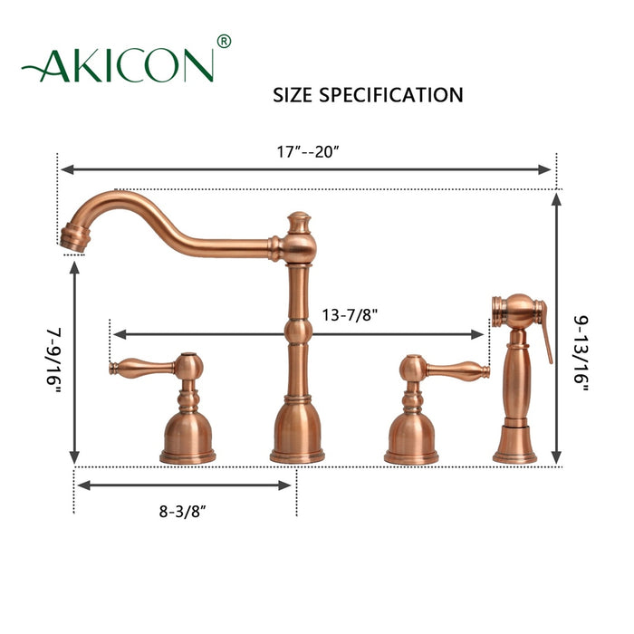 Two-Handles Copper Widespread Kitchen Faucet with Side Sprayer - AK96818C