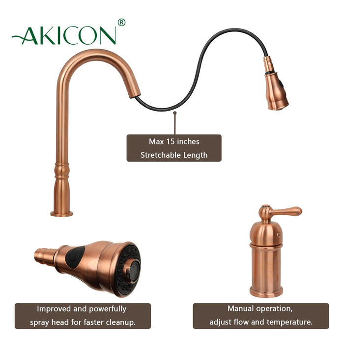 Copper Pull Out Kitchen Faucet with in-Deck Handle, Single Level Solid Brass Kitchen Sink Faucets with Pull Down Sprayer-AK97918