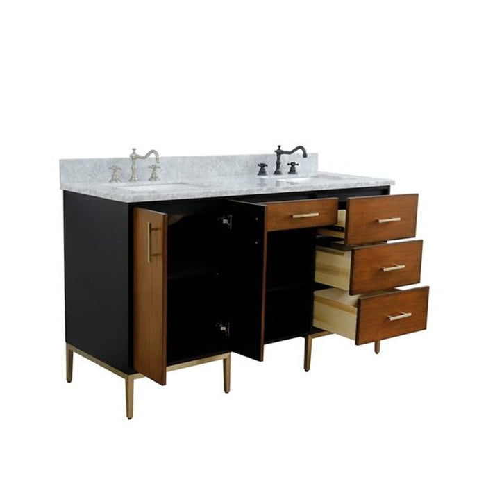 Bellaterra Home Imola 61" Double sink vanity in Walnut and Black finish and White Carrara marble and rectangle sink