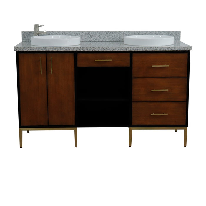 Bellaterra Home Imola 61" Double sink vanity in Walnut and Black finish and Gray granite and round sink