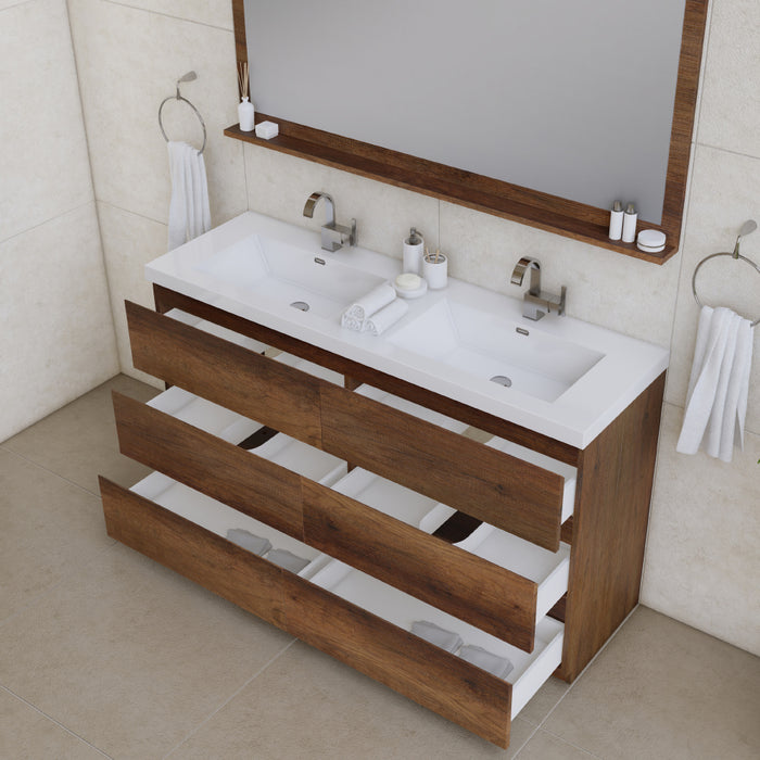 Alya Bath Paterno 60" Double Modern Wall Mounted Bathroom Vanity in Rosewood