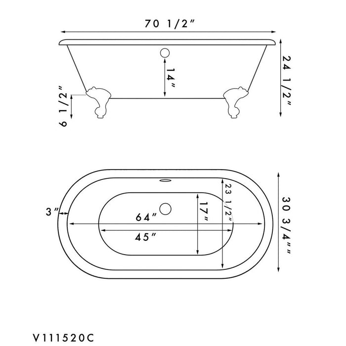 Cambridge Plumbing Acrylic Double Ended Clawfoot Soaking Tub and Complete Brushed Nickel Plumbing Package 70Inch ADE-398684-PKG-BN-NH