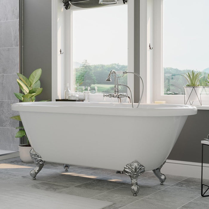 Cambridge Plumbing Acrylic Double Ended Clawfoot Bathtub With Continuous Rim and Complete Polished Chrome Plumbing Package 60Inch ADE60-398684-PKG-CP-NH