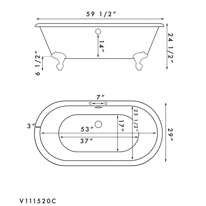 Cambridge Plumbing Acrylic Double Ended Clawfoot Bathtub and Complete Chrome Plumbing Package 60Inch ADE60-463D-2-PKG-CP-7DH