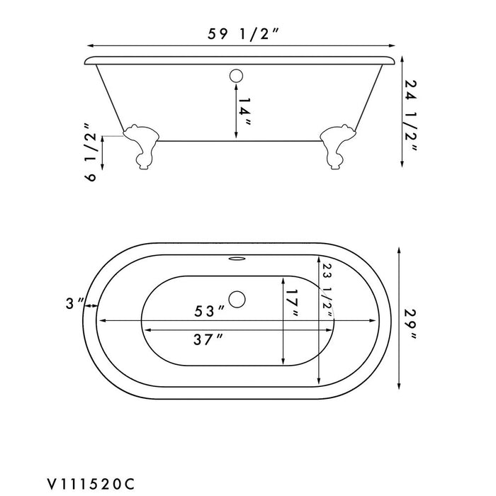 Cambridge Plumbing Acrylic Double Ended Clawfoot Bathtub with Contiuous Rim and Polished Chrome Feet 60Inch ADE60-NH-CP