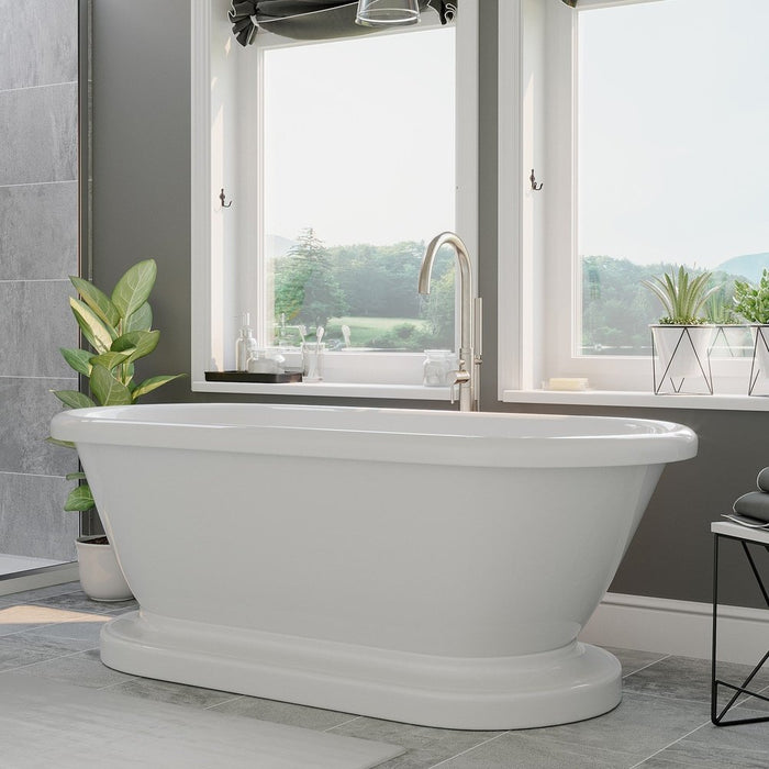 Cambridge Plumbing Acrylic Double Ended Pedestal Bathtub with Continuous Rim and Complete Brushed Nickel Plumbing Package 70Inch ADEP-150-PKG-BN-NH