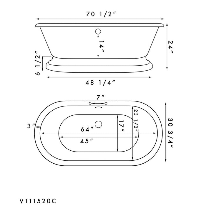 Cambridge Plumbing Acrylic Double Ended Pedestal Bathtub with Complete Brushed Nickel Plumbing Package 70Inch ADEP-684D-PKG-BN-7DH