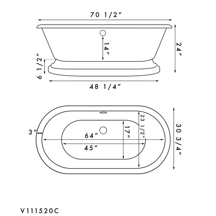 Cambridge Plumbing Acrylic Double Ended Pedestal Bathtub with Continuous Rim and Complete Brushed Nickel Plumbing Package 70Inch ADEP-150-PKG-BN-NH