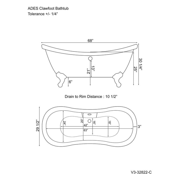 Cambridge Plumbing Acrylic Double Slipper Soaking Tub with Continuous Rim and Brushed Nickel Feet 69Inch ADES-NH-BN