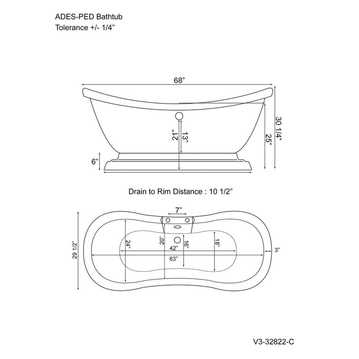 Cambridge Plumbing Acrylic Double Slipper Pedestal Soaking Tub with Faucet Drillings 69Inch ADES-PED-DH