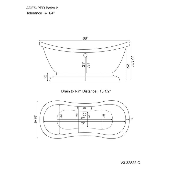 Cambridge Plumbing Acrylic Double Slipper Pedestal Soaking Tub and Complete Brushed Nickel Plumbing Package 69Inch ADES-PED-398463-PKG-BN-NH