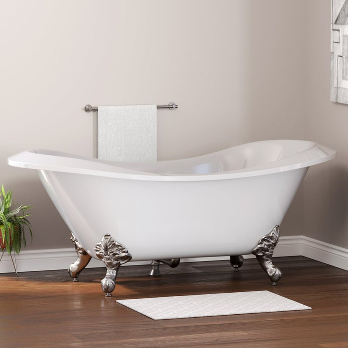 Cambridge Plumbing Extra Large Acrylic Double Slipper Clawfoot Tub, Brushed Nickel Feet and Continuous Rim 73Inch ADESXL-NH-BN