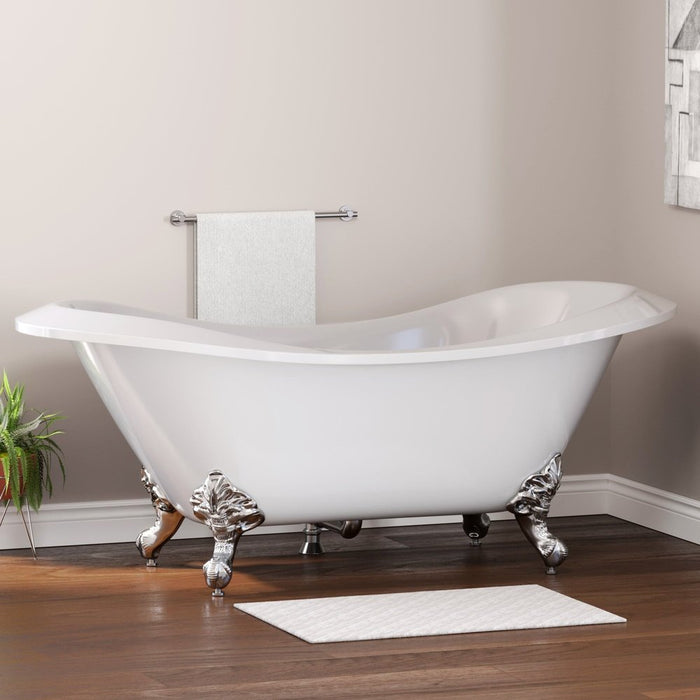 Cambridge Plumbing Extra Large Acrylic Double Slipper Clawfoot Tub, Polished Chrome Feet and Continuous Rim 73Inch ADESXL-NH-CP