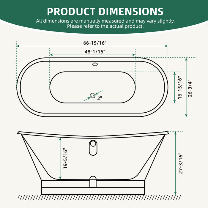 AKICON 67" Cast Iron Freestanding Bathtub, Drain and Overflow Kit Included