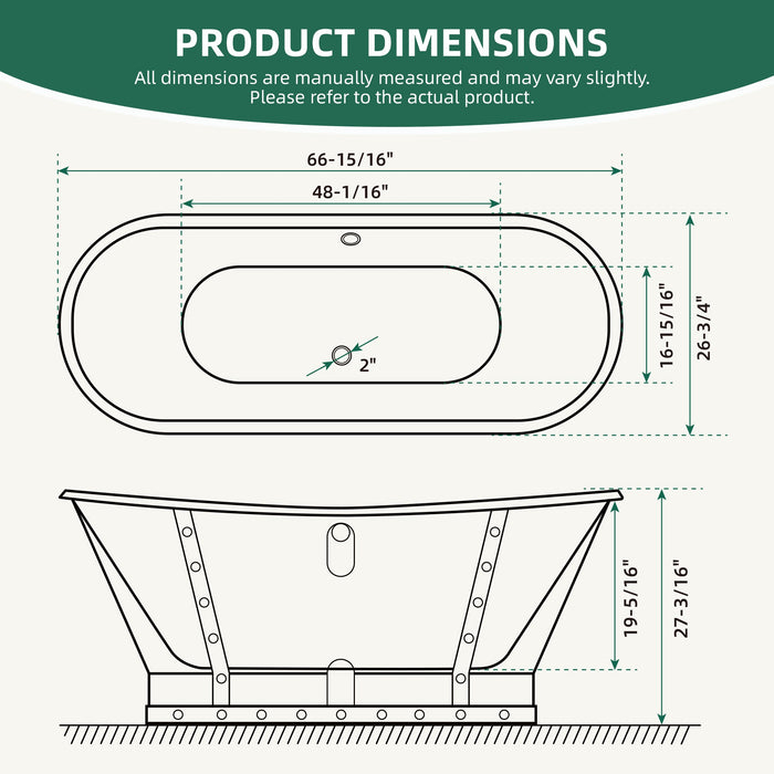 AKICON 67" Cast Iron Freestanding Bathtub, Drain and Overflow Kit Included
