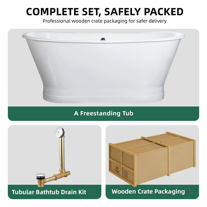 AKICON 67" Cast Iron Freestanding Bathtub, Drain and Overflow Kit Included