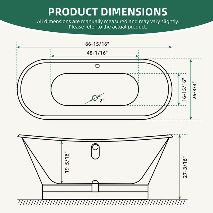 AKICON 67" Cast Iron Freestanding Bathtub, Drain and Overflow Kit Included