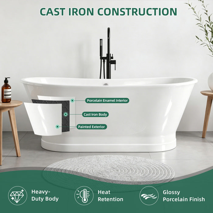 AKICON 67" Cast Iron Freestanding Bathtub, Drain and Overflow Kit Included