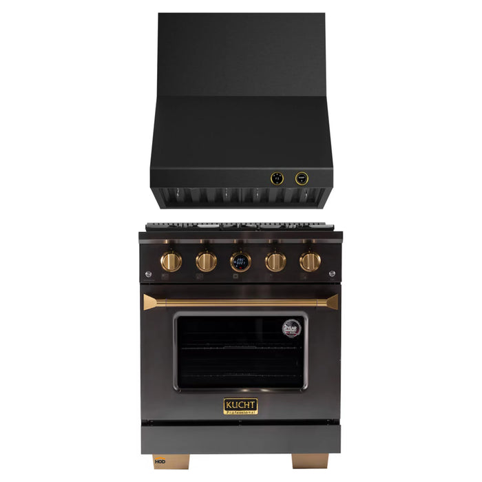 Kucht 2-Piece Appliance Package - 30-Inch Natural Gas Range with 4.2 Cu. Ft. Oven & Wall Mount Range Hood in Dark Titanium Stainless Steel with Gold Accents