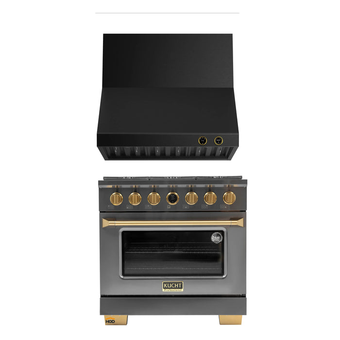 Kucht 2-Piece Appliance Package - 36-Inch Natural Gas Range with 5.2 Cu. Ft. Oven & Wall Mount Range Hood in Dark Titanium Stainless Steel with Gold Accents