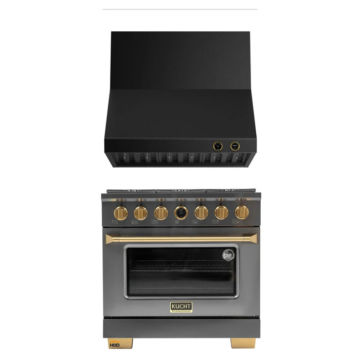 Kucht 2-Piece Appliance Package - 36-Inch Propane Gas Range with 5.2 Cu. Ft. Oven & Wall Mount Range Hood in Dark Titanium Stainless Steel with Gold Accents