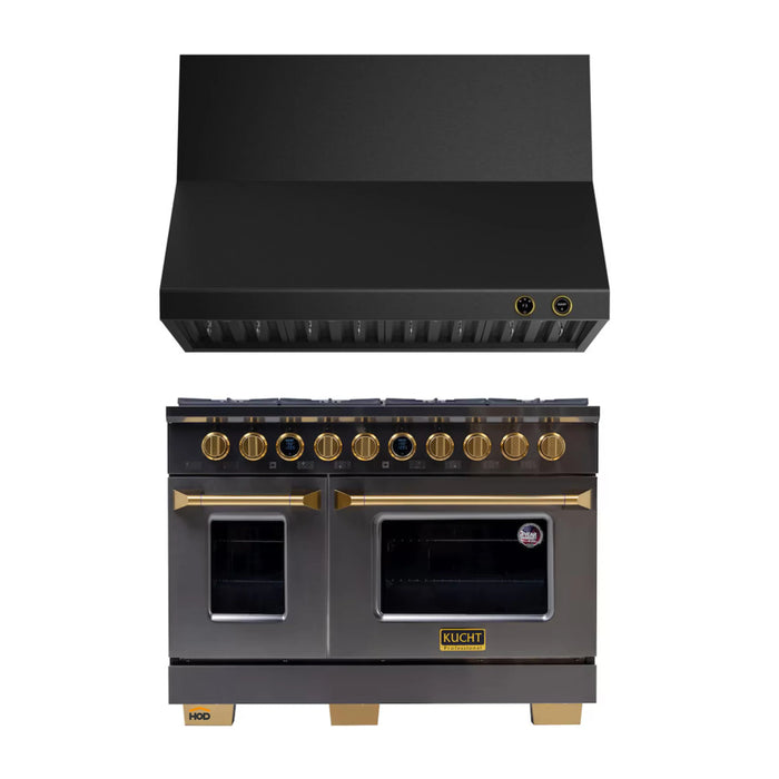 Kucht 2-Piece Appliance Package - 48-Inch Natural Gas Range with 6.7 Cu. Ft. Oven & Wall Mount Range Hood in Dark Titanium Stainless Steel with Gold Accents