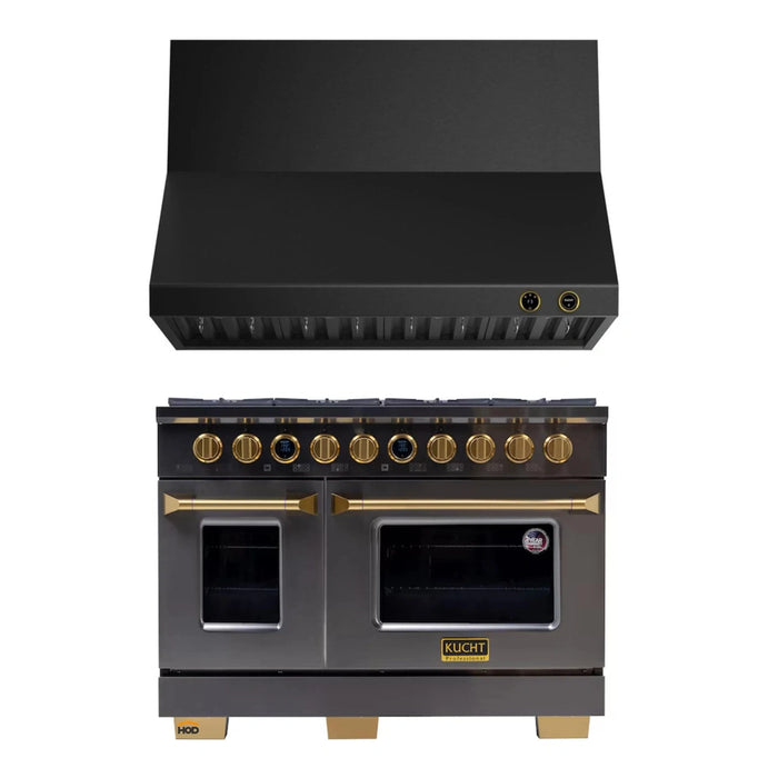 Kucht 2-Piece Appliance Package - 48-Inch Propane Gas Range with 6.7 Cu. Ft. Oven & Wall Mount Range Hood in Dark Titanium Stainless Steel with Gold Accents