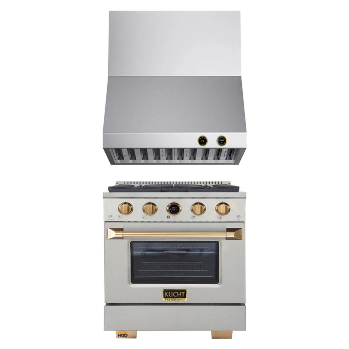 Kucht 2-Piece Appliance Package - 30-Inch Natural Gas Range with 4.2 Cu. Ft. Oven & Wall Mount Range Hood in Stainless Steel with Gold Accents