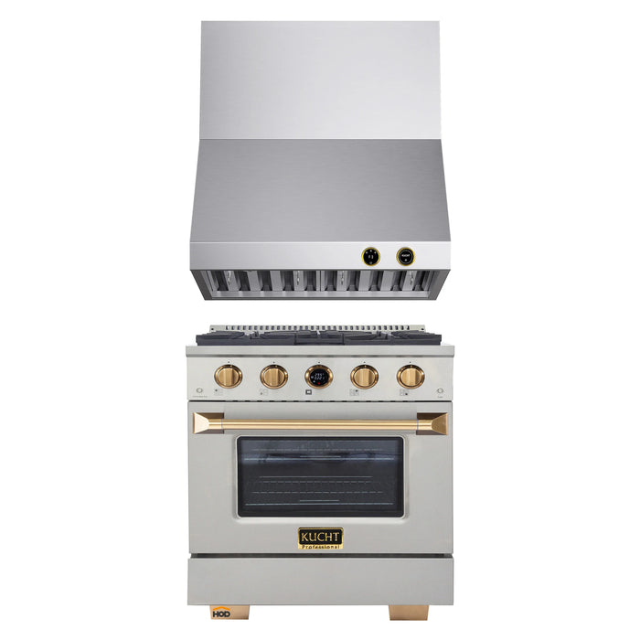 Kucht 2-Piece Appliance Package - 30-Inch Propane Gas Range with 4.2 Cu. Ft. Oven & Wall Mount Range Hood in Stainless Steel with Gold Accents
