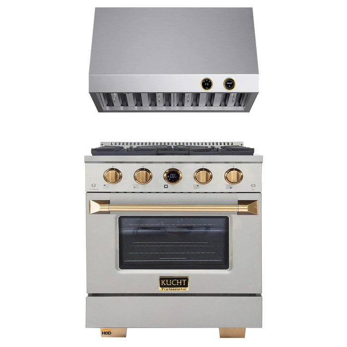 Kucht 2-Piece Appliance Package - 30-Inch Propane Gas Range with 4.2 Cu. Ft. Oven & Under Cabinet Range Hood in Stainless Steel with Gold Accents