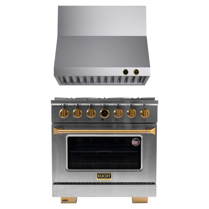 Kucht 2-Piece Appliance Package - 36-Inch Natural Gas Range with 5.2 Cu. Ft. Oven & Wall Mount Range Hood in Stainless Steel with Gold Accents