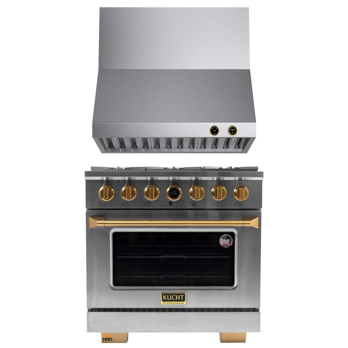 Kucht 2-Piece Appliance Package - 36-Inch Propane Gas Range with 5.2 Cu. Ft. Oven & Wall Mount Range Hood in Stainless Steel with Gold Accents