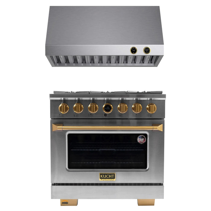 Kucht 2-Piece Appliance Package - 36-Inch Propane Gas Range with 5.2 Cu. Ft. Oven & Under Cabinet Range Hood in Stainless Steel with Gold Accents