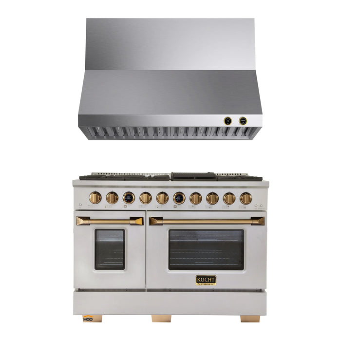 Kucht 2-Piece Appliance Package - 48-Inch Natural Gas Range with 6.7 Cu. Ft. Oven & Wall Mount Range Hood in Stainless Steel with Gold Accents
