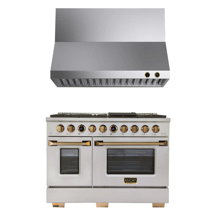 Kucht 2-Piece Appliance Package - 48-Inch Propane Gas Range with 6.7 Cu. Ft. Oven & Wall Mount Range Hood in Stainless Steel with Gold Accents
